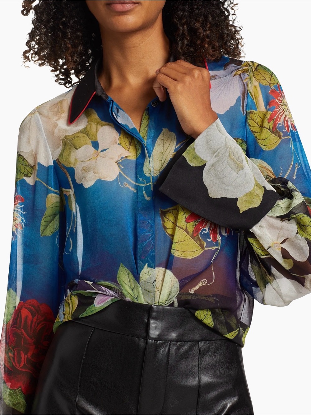 Alice + Olivia Botanical Floral Silk Blend Blouse Black Collar Red Piping M - Picture 8 of 9